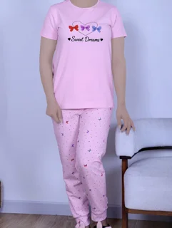 ست تیشرت شلوار ناهمگون پاپیون صورتی (چورنیک)